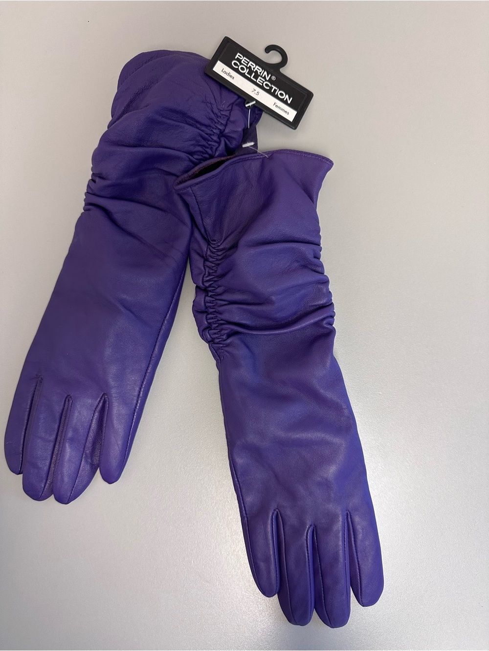 NWT Perrin Collection Purple Leather Mid-length Ruched Winter Gloves Size 7.5